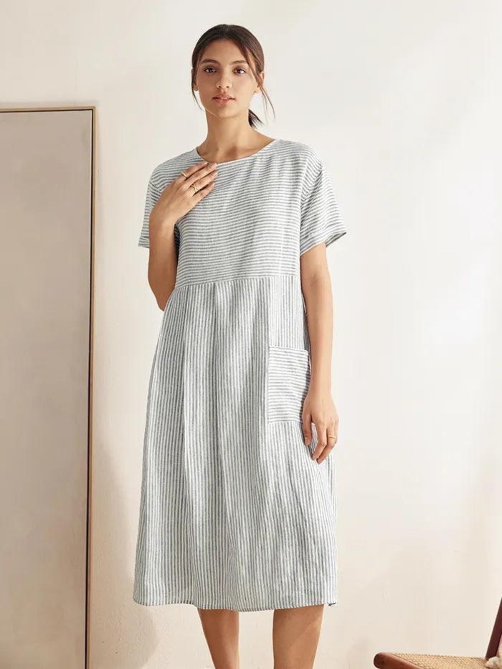 Lintico Morgan Striped Midi Dress in Light Blue and White